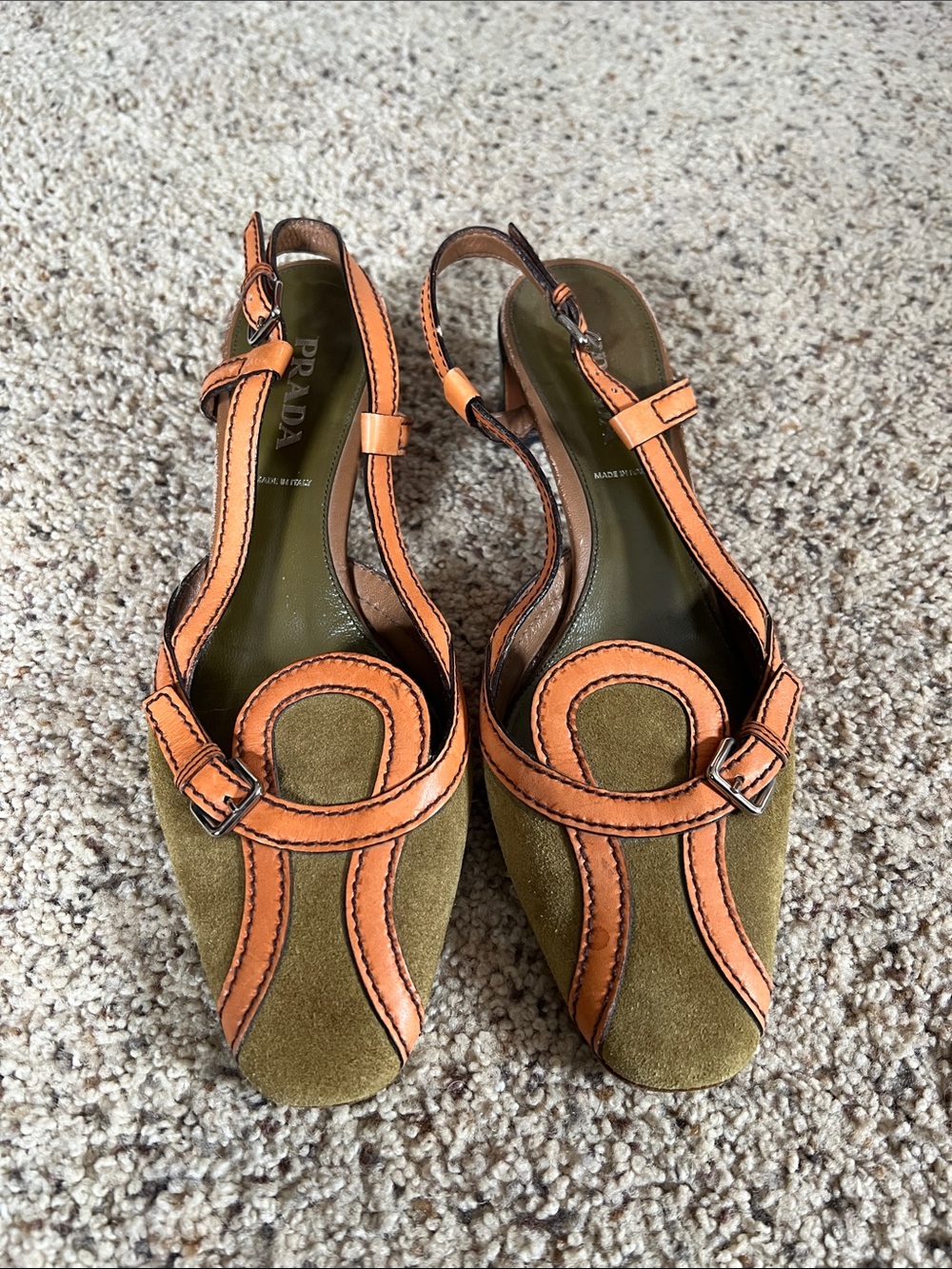 Prada Authentic Vintage Olive Suede with Orange Leather Trim Slingback Heels